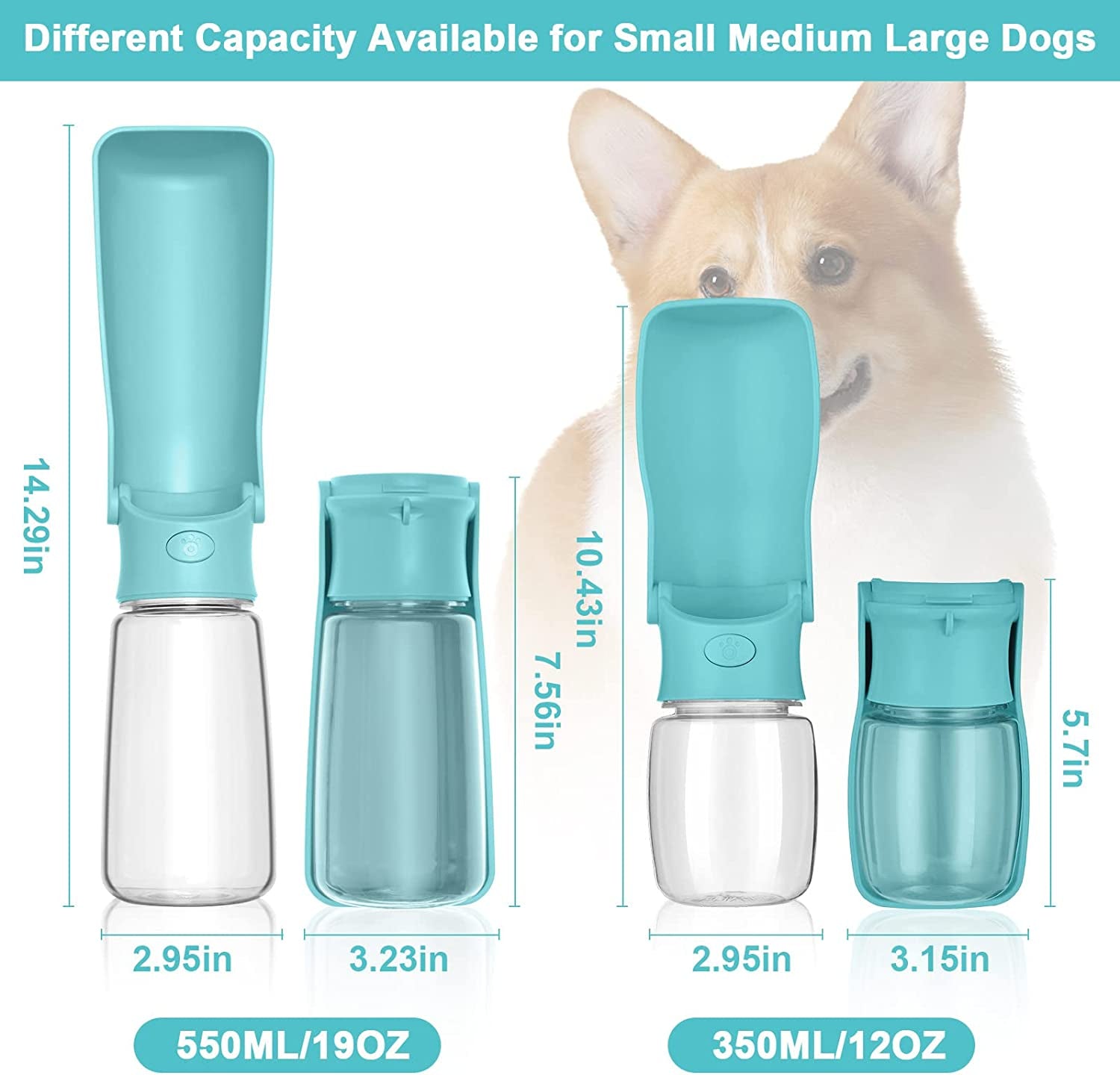 Portable Dog Water Bottle, Foldable Dog Water Bottle Leak Proof Dispenser for Puppy Small Medium Large Dogs, Pet Drink Cup for Walking Hiking Traveling(Blue,19Oz)