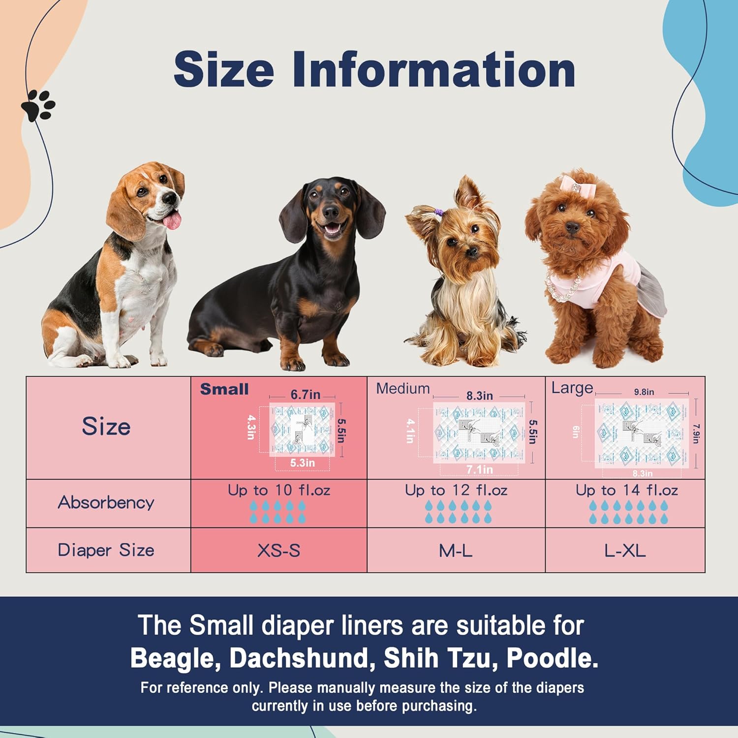 Dog Diapers Liners, 150 Ct, Super Absorbent Booster Pads for Male Dog Wraps and Female Dog Diapers, Lnnovative Hook-And-Loop Tape Design, Super-Fit & No Shifting, Small Dog Diaper Pads